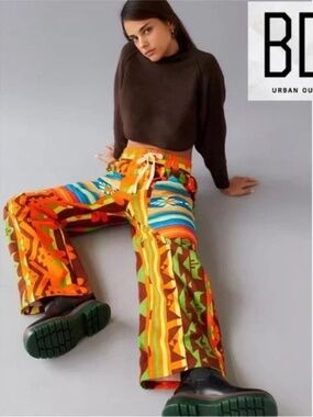 BDG Flannel Blanket Pants 100% Cotton Bright Neon Southwestern Aztec Print EUC